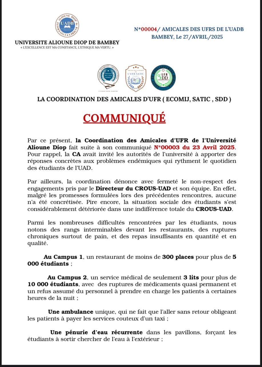 Université de Bambey : La coordination des amicales d’UFR, Ecomij, Satic, Sdd toutes griffes dehors compte passer à l’action